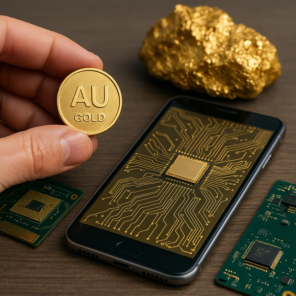 Moneda de oro y tecnología electrónica.