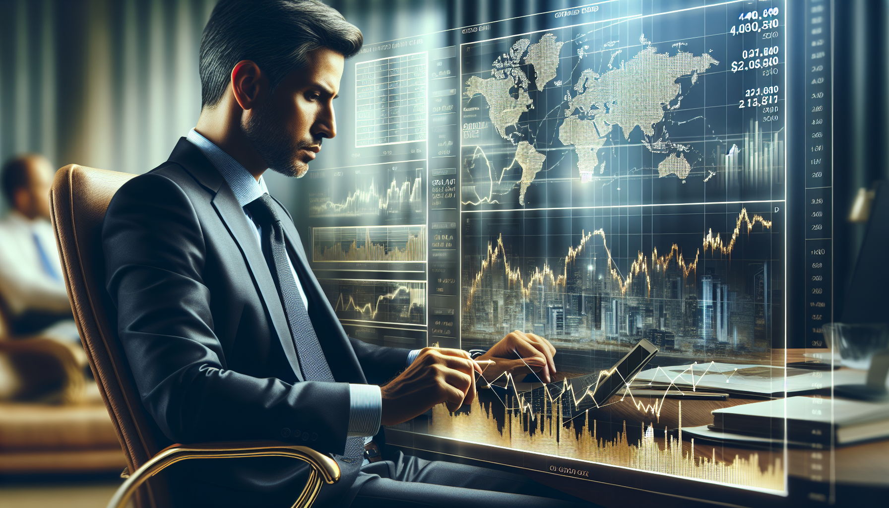 gráfico de precio del oro en una pantalla financiera con un mapa de Oriente Medio desenfocado de fondo y un inversor analizando datos en un entorno de oficina sobrio y profesional
