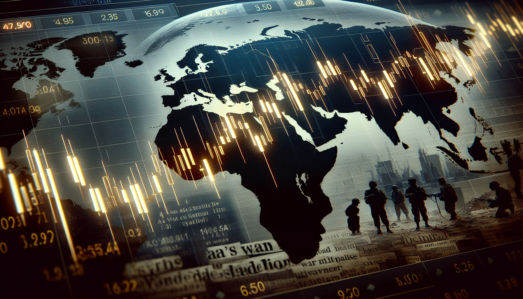 gráfico de velas del precio del oro superpuesto sobre un mapa de Oriente Medio con tonos oscuros y titulares de noticias de guerra difuminados en el fondo